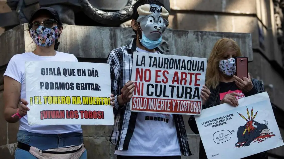 Protesters holding signs for animal rights during a peaceful demonstration in Mexico City.