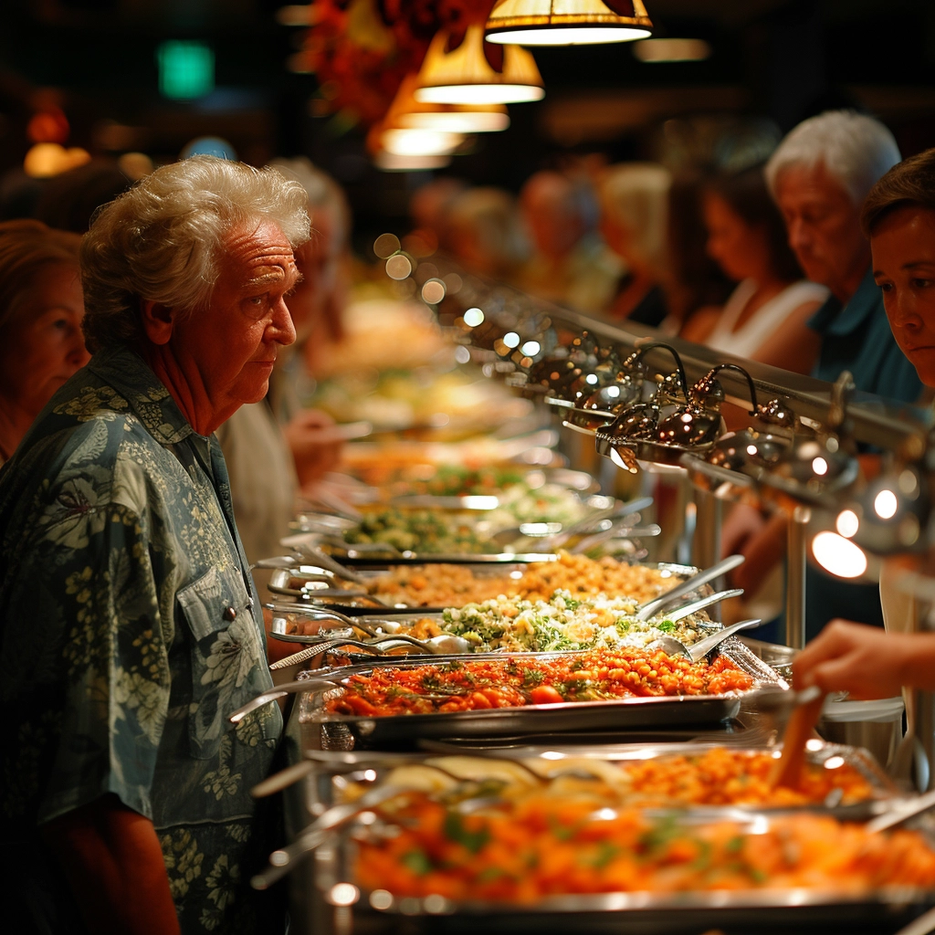 Image capturing a gaucho carving meat at a Brazilian churrascaria buffet, showcasing the vibrant culinary experience offered.