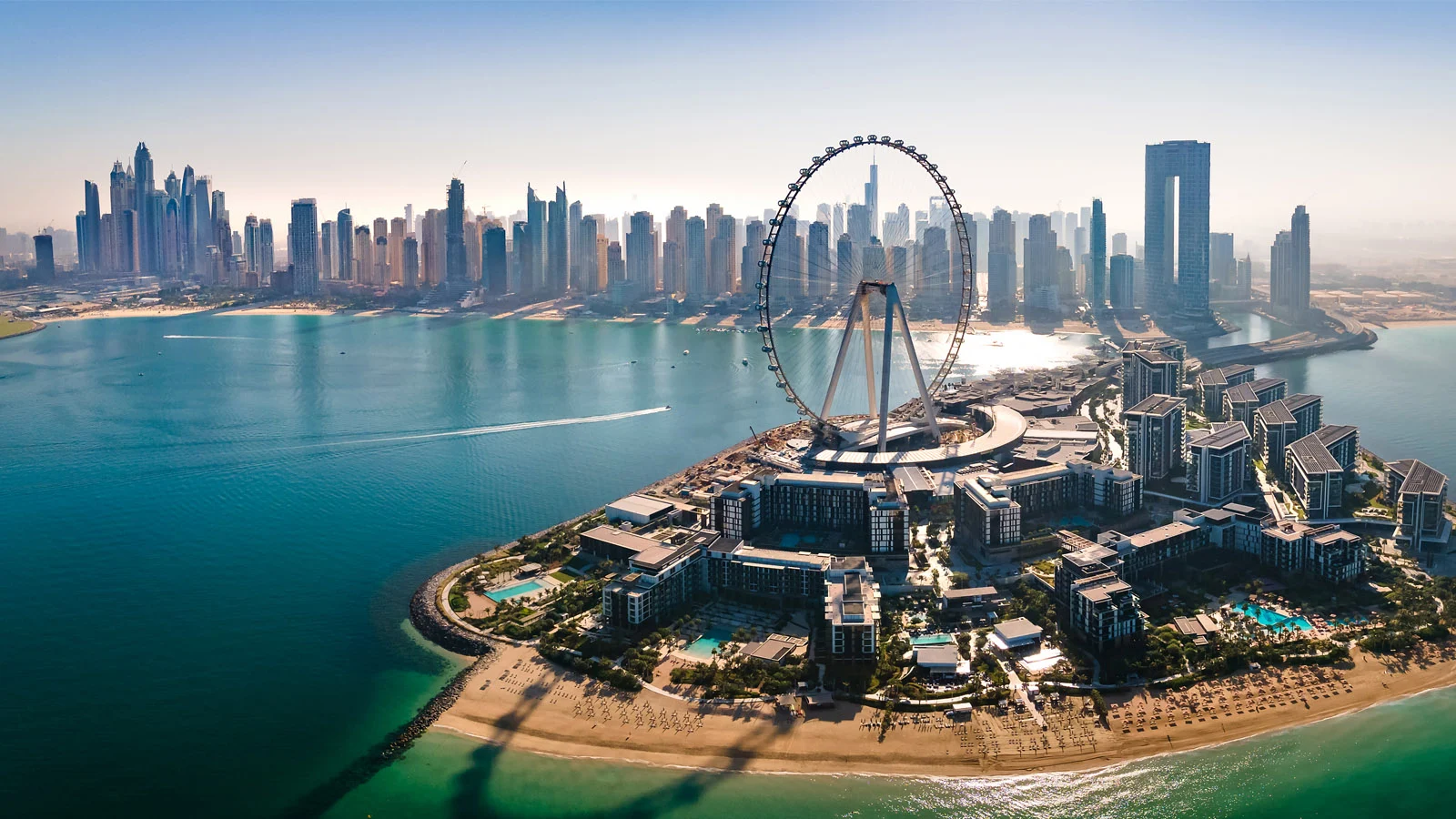 An aerial view of the Palm Jumeirah, an artificial archipelago with luxury resorts and homes. 