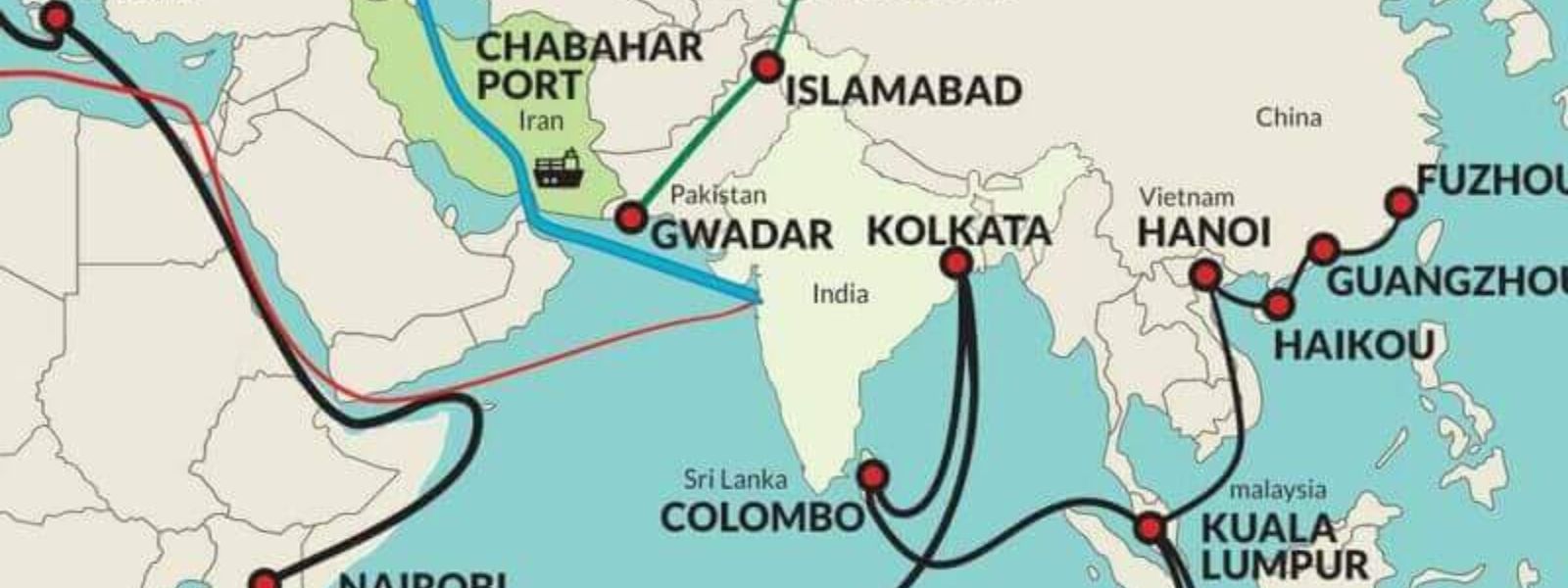 Construction activity at Chabahar port with workers and heavy machinery upgrading the port facilities.