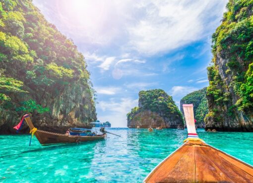 Aerial view of Krabi’s limestone cliffs and turquoise waters